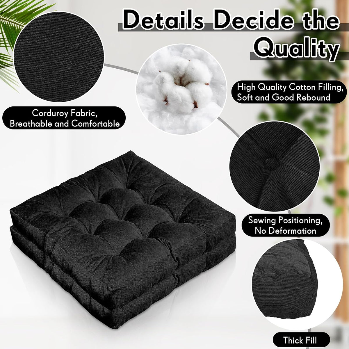Jerify Black 4 Pcs Large Floor Pillow Cushion,Square 22 x 22