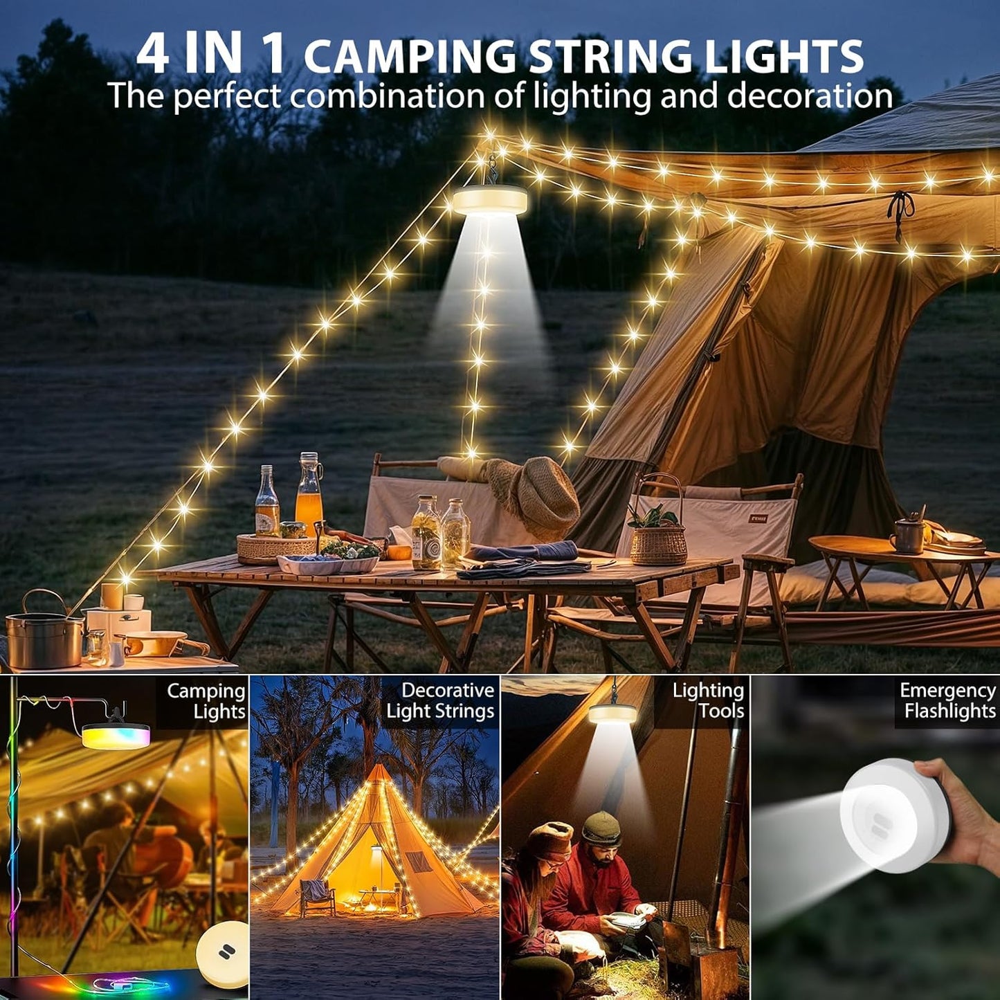 Camping String Lights, 4 in 1 Quick Storage 32.8FT Rechargeable Tent Lights with 9 Lighting Modes, Hanging Waterproof Portable LED Lamp for Outdoor Patio Awning Garden Party Camping Essentials Gear