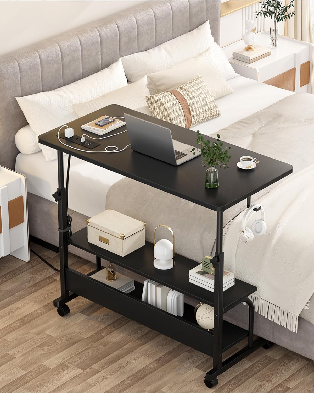 Armocity Rolling Standing Desk with Charging Station, Portable Height Adjustable Mobile Computer Desk with Wheels & 2-Tier Shelves & Hooks, Easy Assembly Laptop Table for Couch Bed, 32" Black