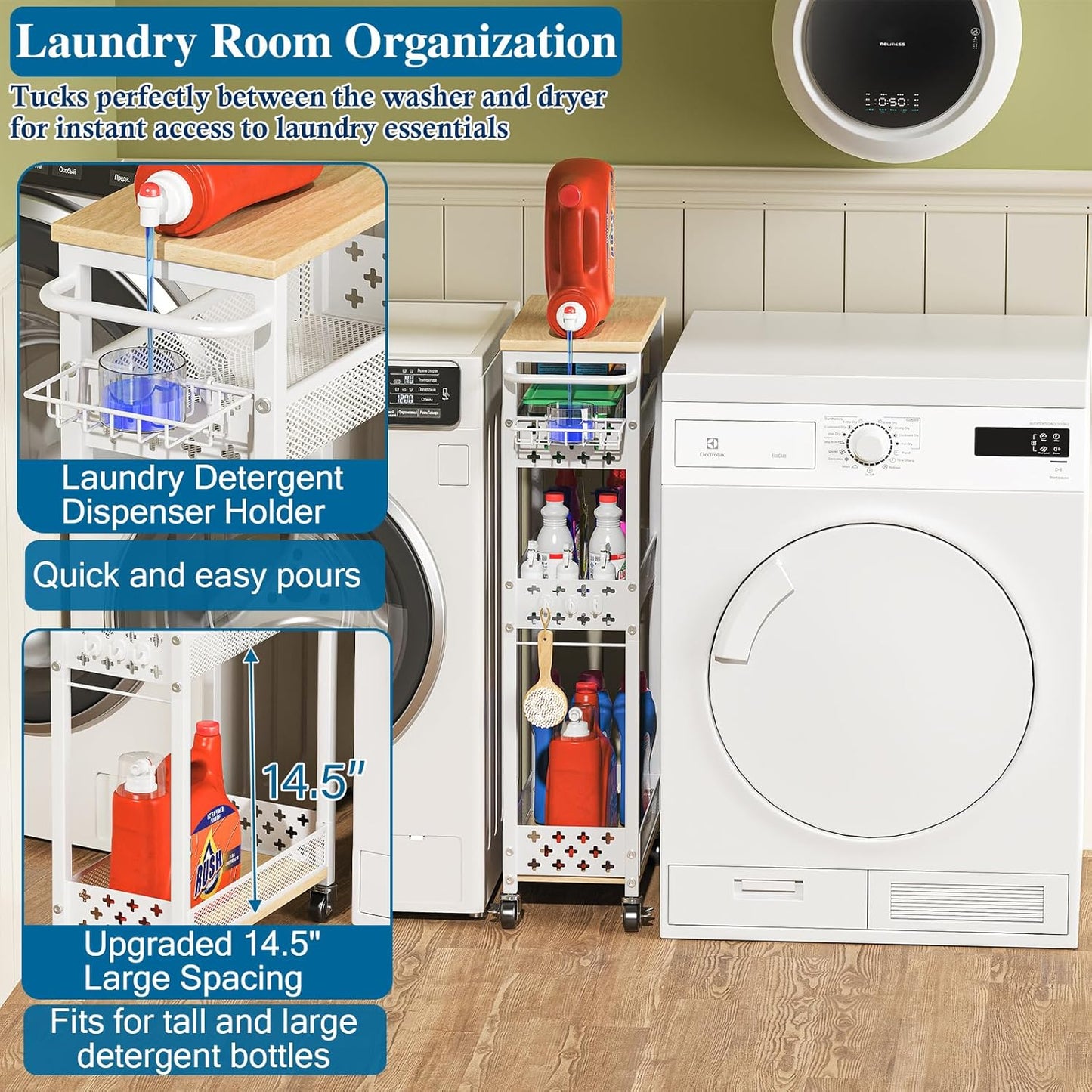 OKZEST Laundry Room Organization Cart with Detergent Dispenser - 4-Tier Slim Rolling Storage for Between Washer & Dryer, Fits Tall Bottles, Rustproof Metal Mesh Shelves, Chic Wood Top & Premium Wheels