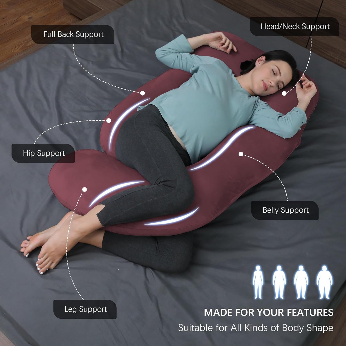 MOON PARK Pregnancy Pillows for Sleeping - U Shaped Full Body Maternity Pillow with Removable Cover - Support for Back, Legs, Belly, Hips - 57 Inch Pregnancy Pillow for Women - Burgundy