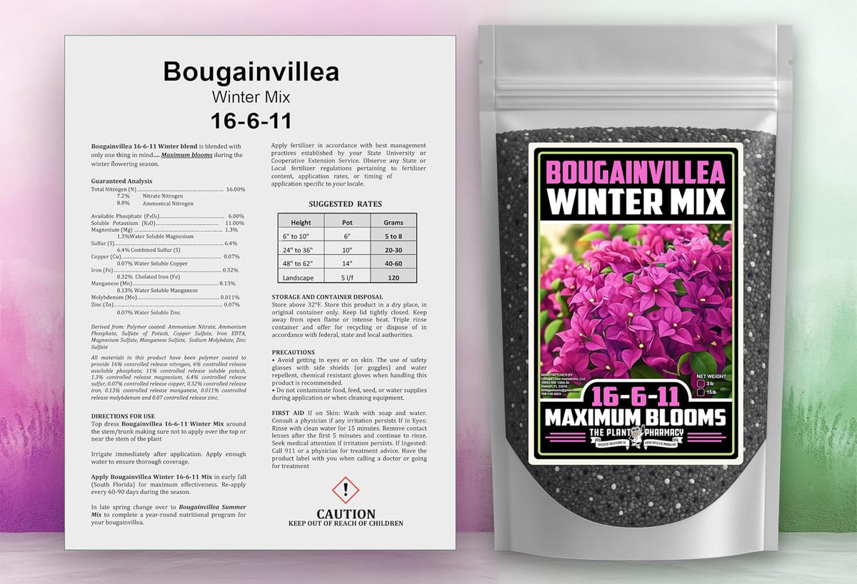 Fertilizer Commercial Grade | Bougainvillea Winter Mix 16-6-11 | 3 Pounds | Custom Professional Mix | Cold-Season Bloom Formula | Controlled Release Nutrition | Micronutrients | Vivid Color & Growth