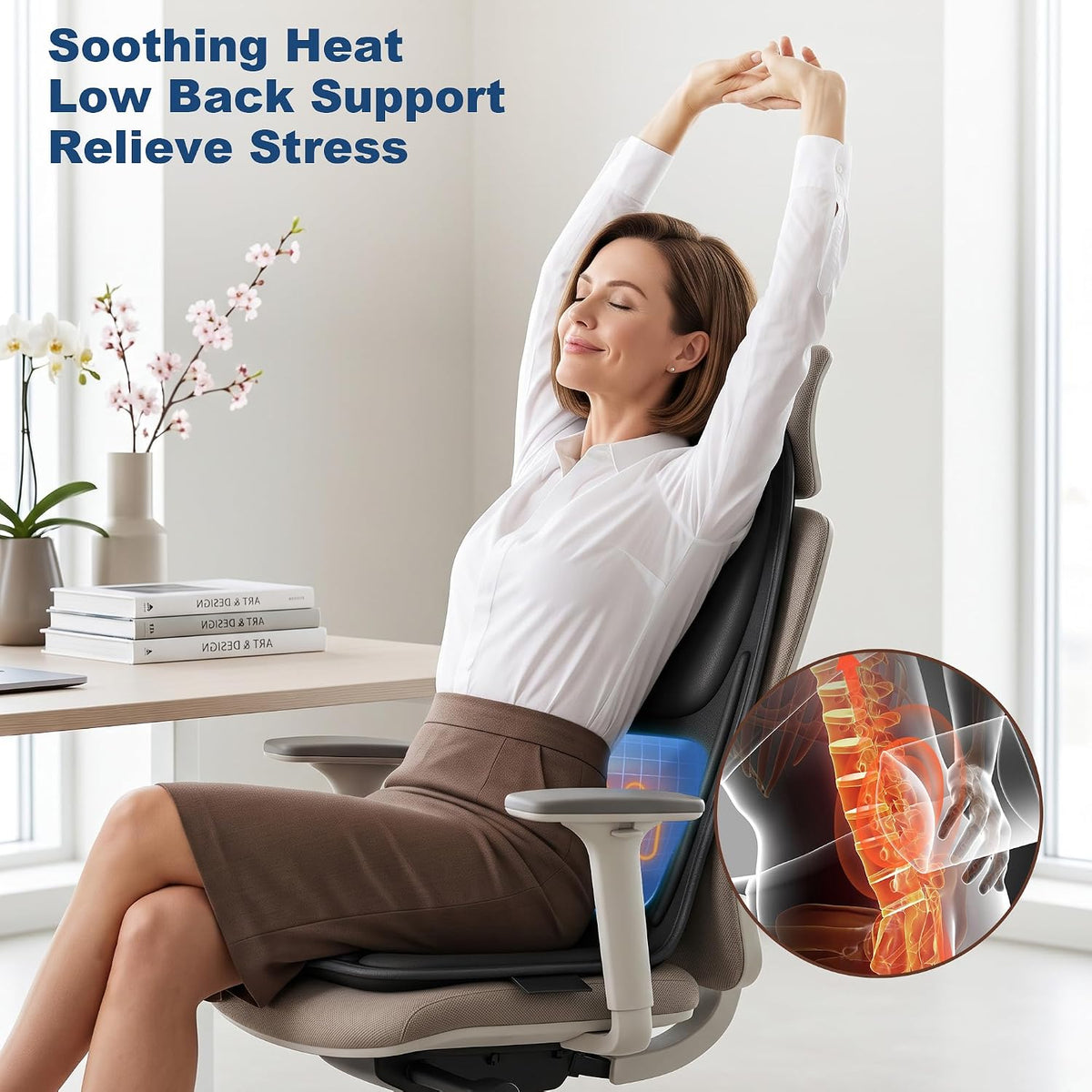 Vibration Massage Seat Cushion with Heat, 8-Motor Chair Massager Pad with Manual Adjustable Lumbar Support, 9 Modes, 3 Intensities and 20-Min Auto Shut-Off for Office Chair, Sofa and Recliner