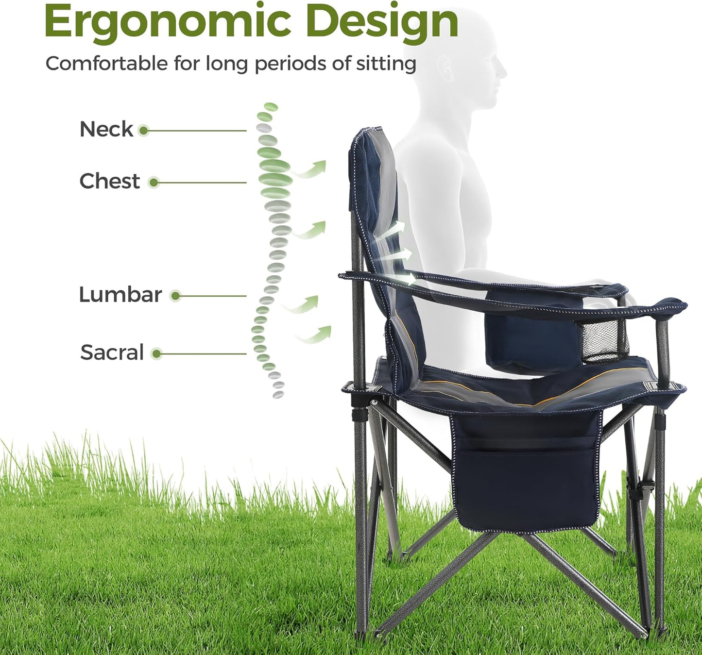 ALPHA CAMP Heavy Duty Camping Chair 500LBS Capacity, Oversized Folding Chair for Heavy People, Padded Portable Outdoor Chair with Cooler Bag & Cup Holder for Camping, Fishing, Beach