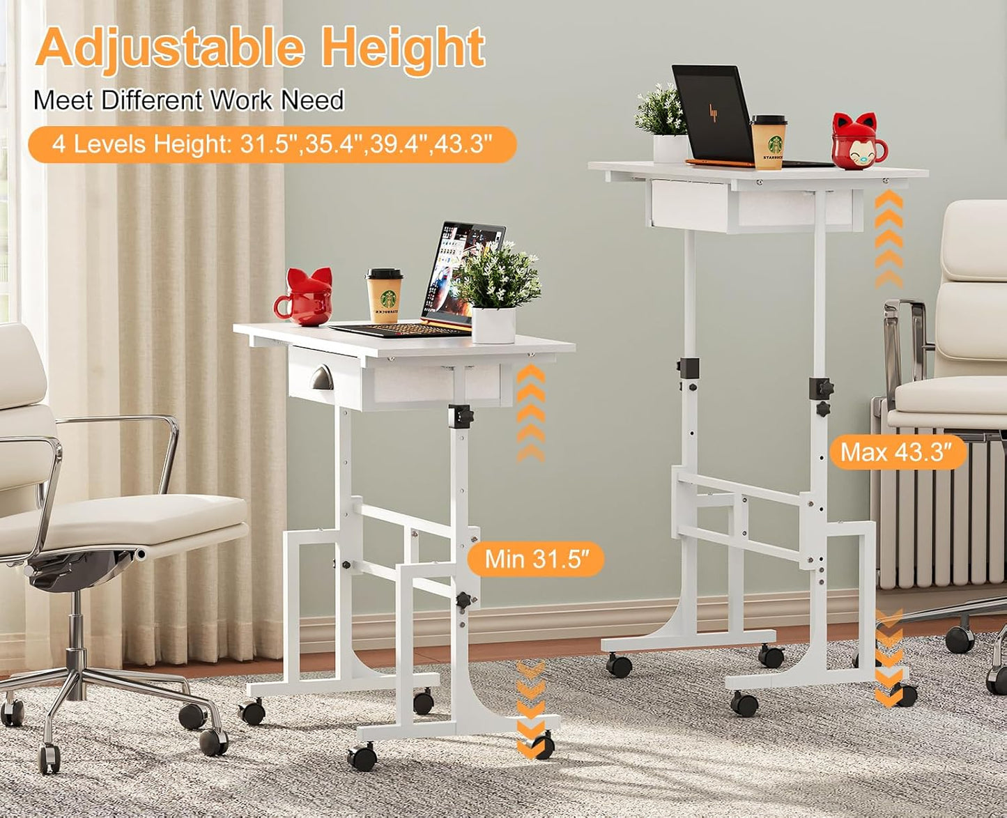 Cidaziya Adjustable Height Standing Desk for Walking Pad Treadmill, Portable Rolling Desk for Laptop with Drawer, Small Moblie Sit to Stand Desk On Wheels with Stiffener for Home Office Dorm Bedroom