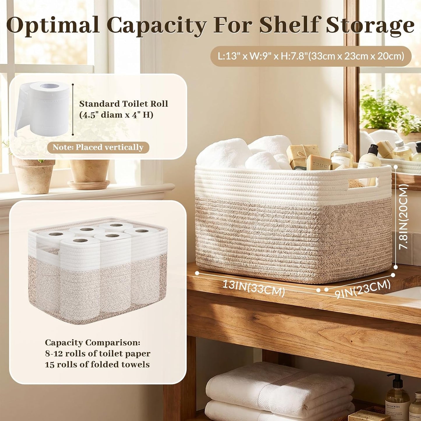 OIAHOMY 4 Pack Storage Basket, 13"x9"x7.8" Cotton Rope Baskets for Shelves, Closet Organizer for Bedroom & Living Room, Soft Decorative Bins for Organizing Towels, Books & Toys, Brown & White