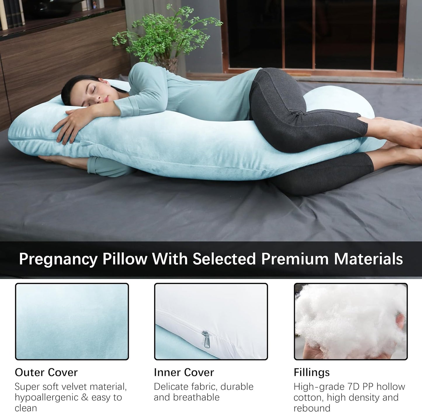 MOON PARK Pregnancy Pillows for Sleeping - U Shaped Full Body Maternity Pillow with Removable Cover - Support for Back, Legs, Belly, Hips - 57 Inch Pregnancy Pillow for Women - Aqua