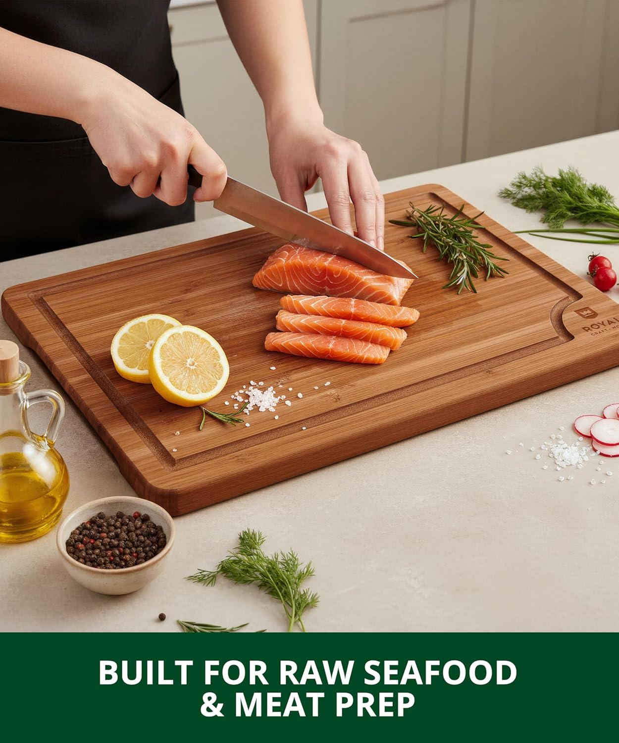 ROYAL CRAFT WOOD Wooden Cutting Boards for Kitchen Meal Prep & Serving - Non Toxic Bamboo Wood Cutting Board Set with Deep Juice Groove Side Handles - Charcuterie & Chopping Butcher Block for Meat