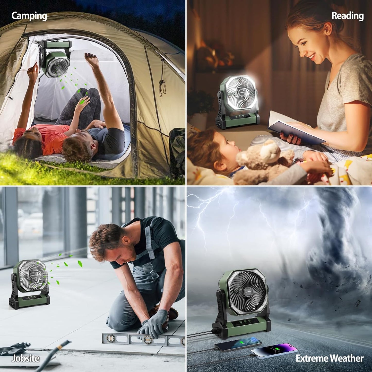 20000mAh Battery Powered Camping Fan, 58Hrs Rechargeable Portable Fan, 400LM Light, 360° Hook, Whisper Quiet Battery Operated Fan for Outdoor Car Travel Gear Essentials Power Outages Co-brand AMACOOL