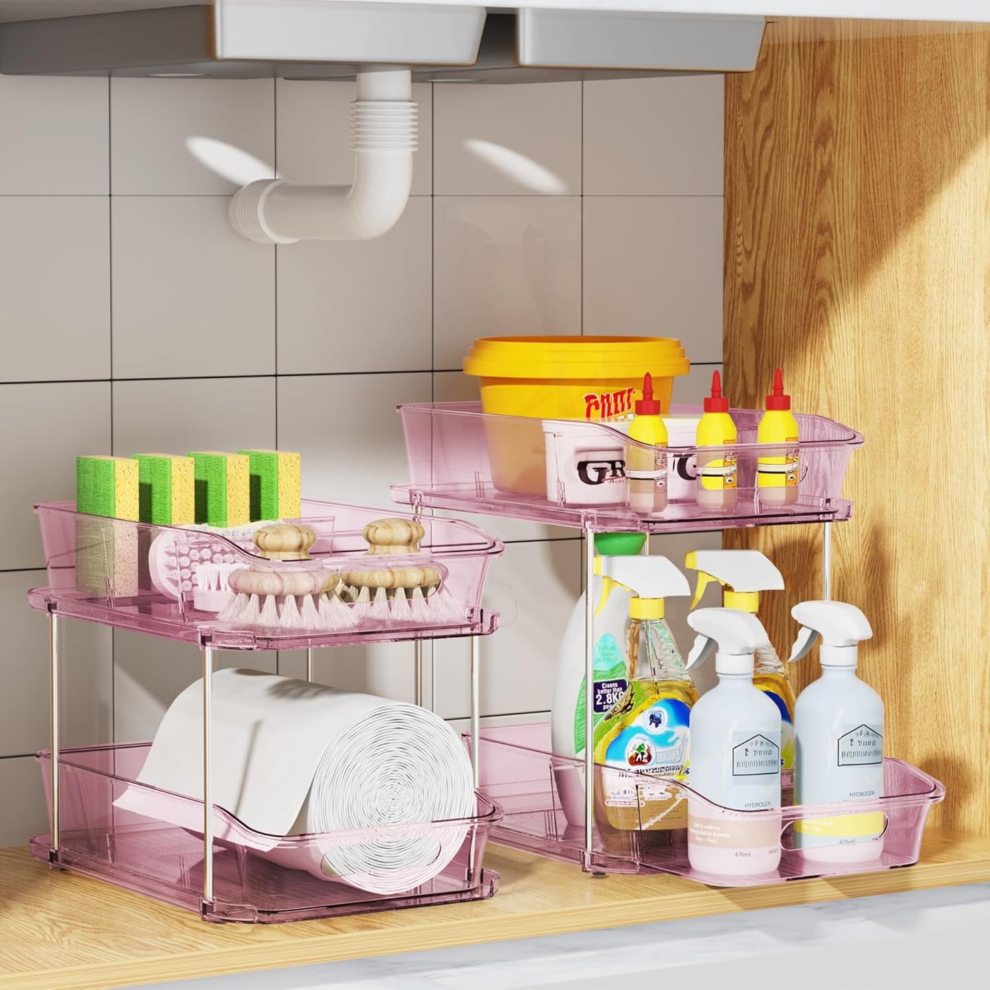 Delamu 2-Tier Under Sink Organizers and Storage, Multi-Purpose Stackable Bathroom Cabinet organizers, Pull Out Kitchen Pantry Organization and Storage with Dividers(2 Pack, Pink)