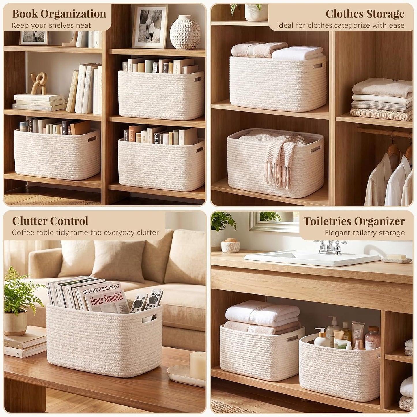 OIASKET 4Packs Natural Cotton Rope Storage Baskets for Organizing Toys, Clothes, Towels & Books, Soft Versatile Organizers for Shelves, Home Decorative Bins, 13''Lx9''Wx7.8''H, White