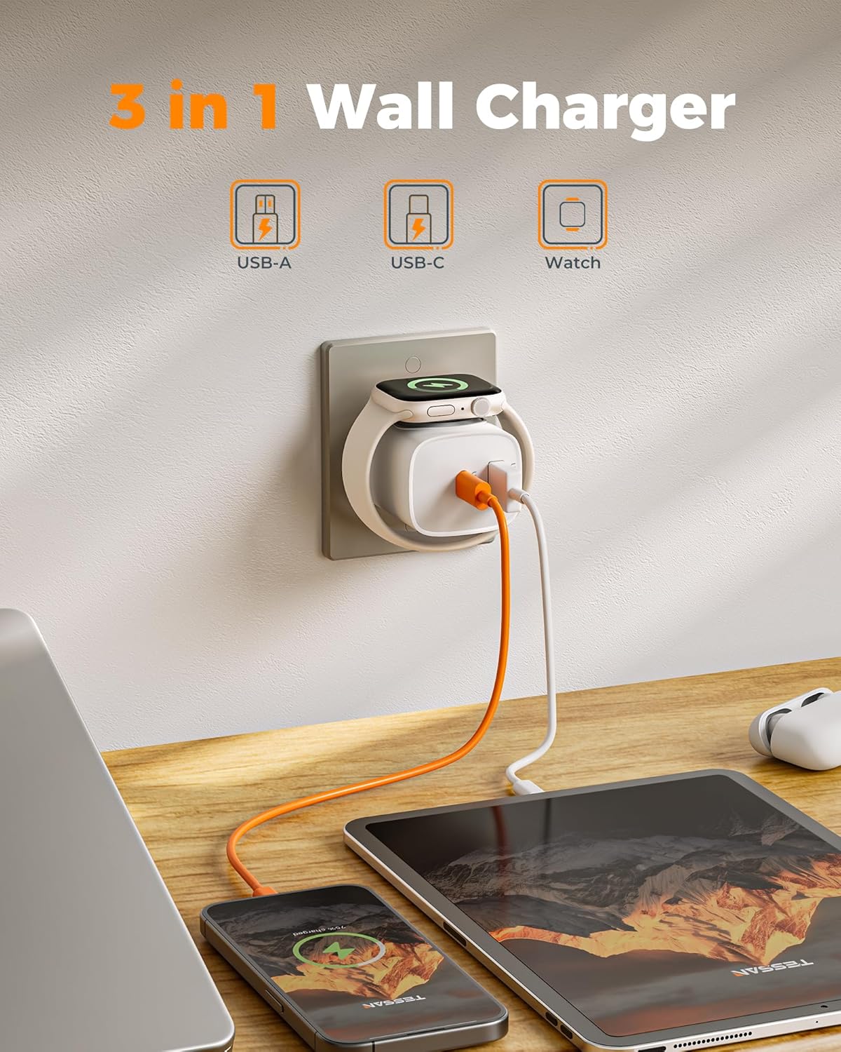 Charging Blocks for Apple Watch, 3-in-1 PD 20W USB C Charger Block with Built-in Wireless Smart Watch Charging, Dual Ports Wall Charger Compatible with iPhone,AirPods,iWatch