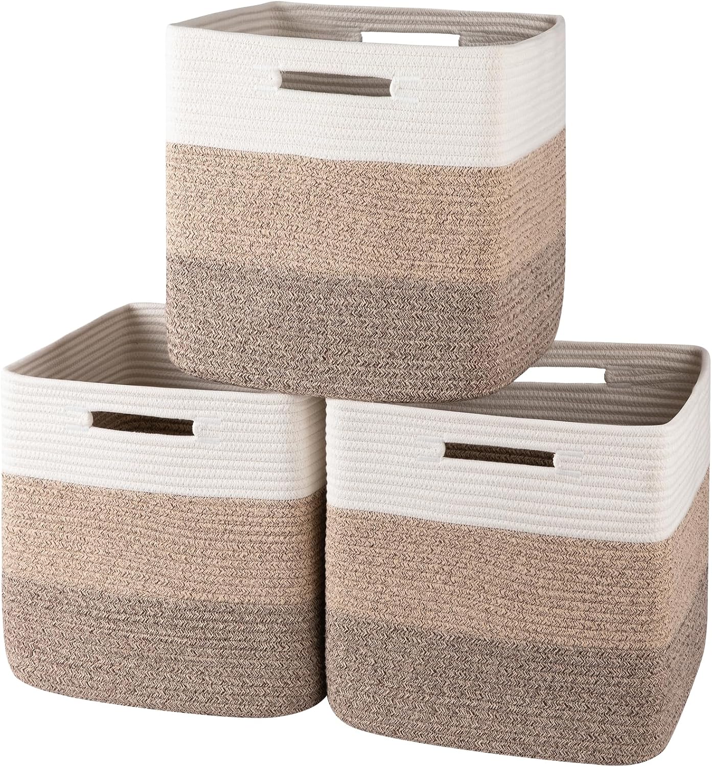 OIAHOMY 13 Inch Cube Storage Bins, 3-Pack Cotton Rope Woven Baskets for Organizing, Insert Storage Baskets for Shelves, Baby Nursery, Closet Organizer, 13 * 13 * 12.6IN, Gradient Brown