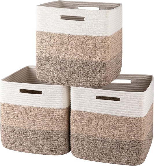 OIAHOMY 13 Inch Cube Storage Bins, 3-Pack Cotton Rope Woven Baskets for Organizing, Insert Storage Baskets for Shelves, Baby Nursery, Closet Organizer, 13 * 13 * 12.6IN, Gradient Brown