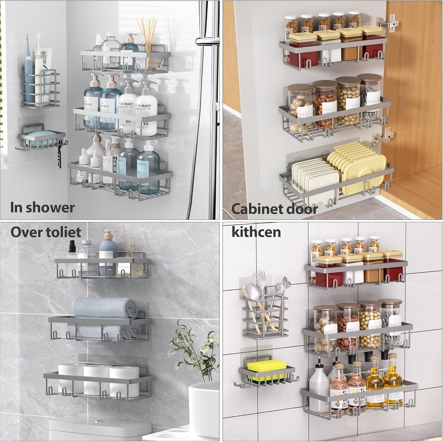 Liuoud 5 Pack Shower Caddy Organizer Rack Shelf for Inside Shower, Self Adhesive Bathroom Wall Storage Basket Rustproof Stainless Steel Large Capacity Shampoo Holder, Grey