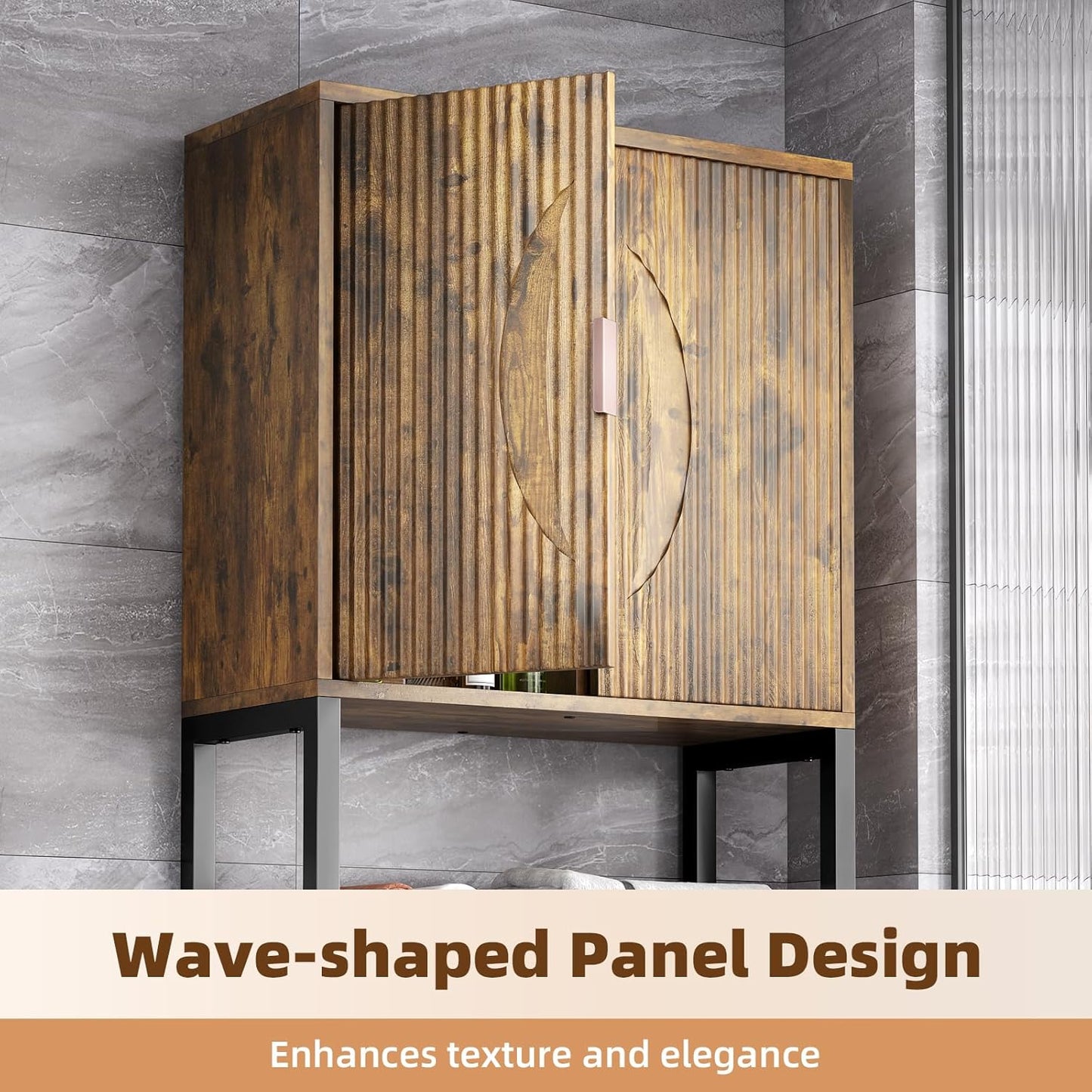Kalrin Over The Toilet Storage Cabinet with Fluted Wave Doors and Adjustable Shelf, Wood Over Toilet Storage Rack with Drain Basket, Freestanding Bathroom Organizer for Balcony Laundry, Vintage Brown