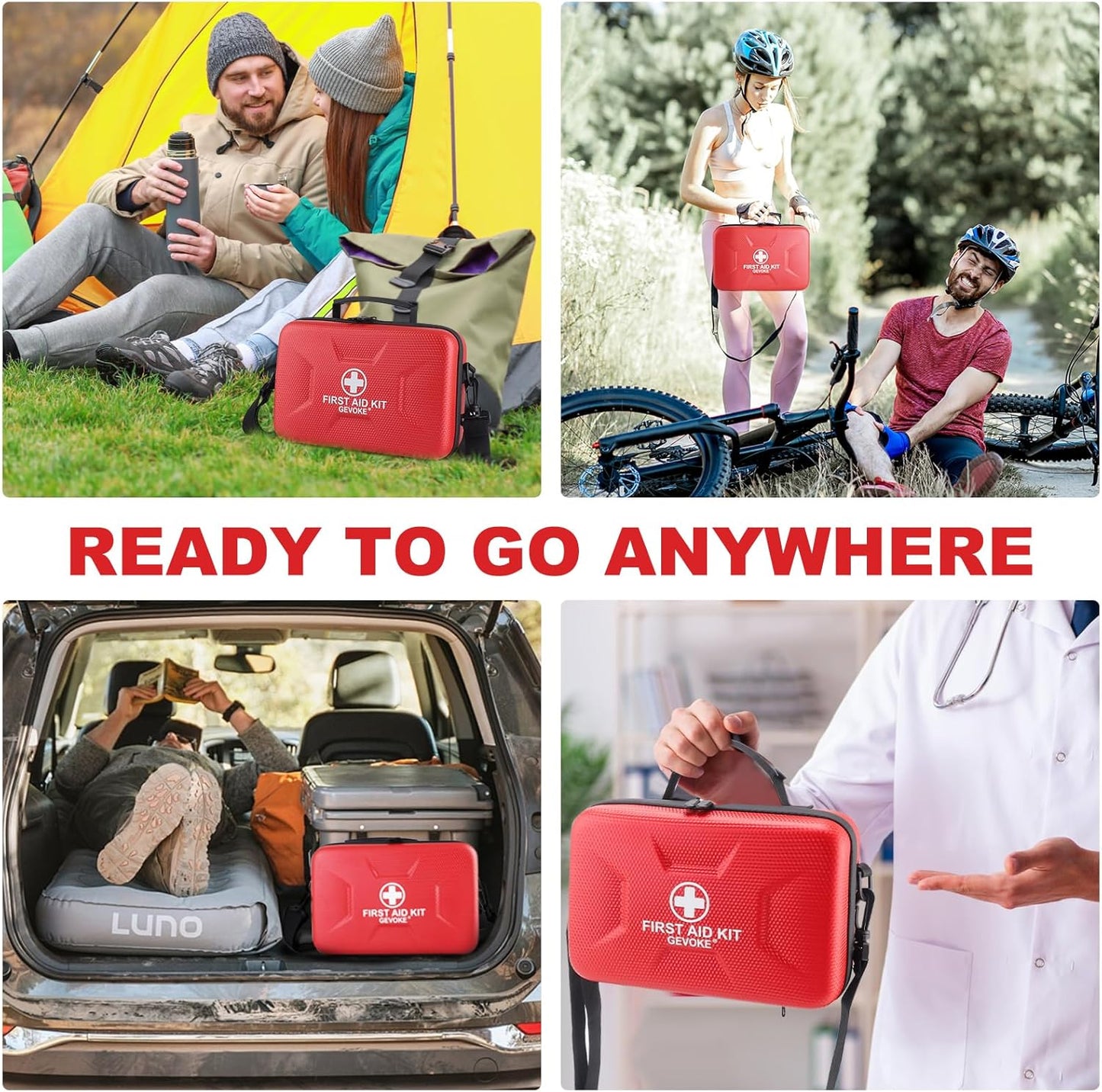 Gevoke 410 Piece Waterproof Hard Shell First Aid Kit for Home, Car, Travel, Camping, Truck, Hiking, Sports, Office, Vehicle & Outdoor Emergencies - Emergency Medical Kits (Red)