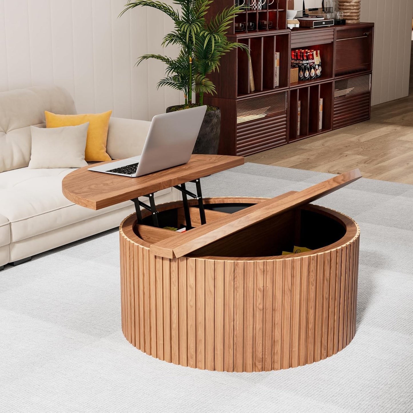 Fsbecl 34'' Round Fluted Lift Top Coffee Table with Hidden Storage, Walnut | Wooden Center Table, Lift Top Coffee Table for Living Room, Home Decor