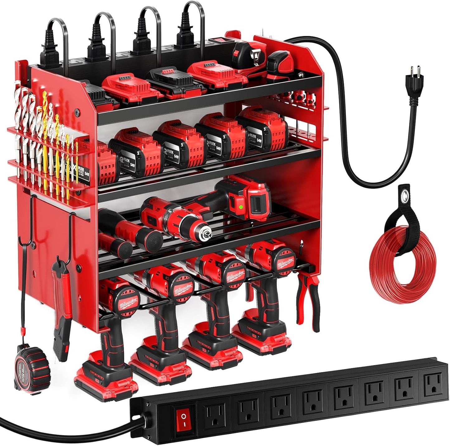 POKIPO Large Power Tool Organizer Wall Mount with Charging Station,4 Layer Heavy Duty Metal Tool Storage Shelf Loads 600lbs,Battery Utility Rack With 4 Outlet Power Strip with 8 Cordless Drill Holder