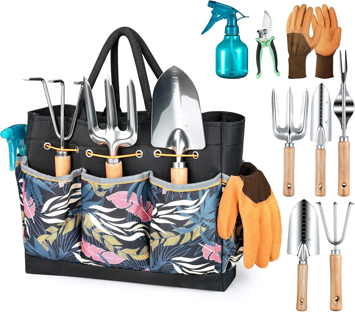 Grenebo 9-Piece Gardening Tools Set with Fashion Handbag, Black Orange