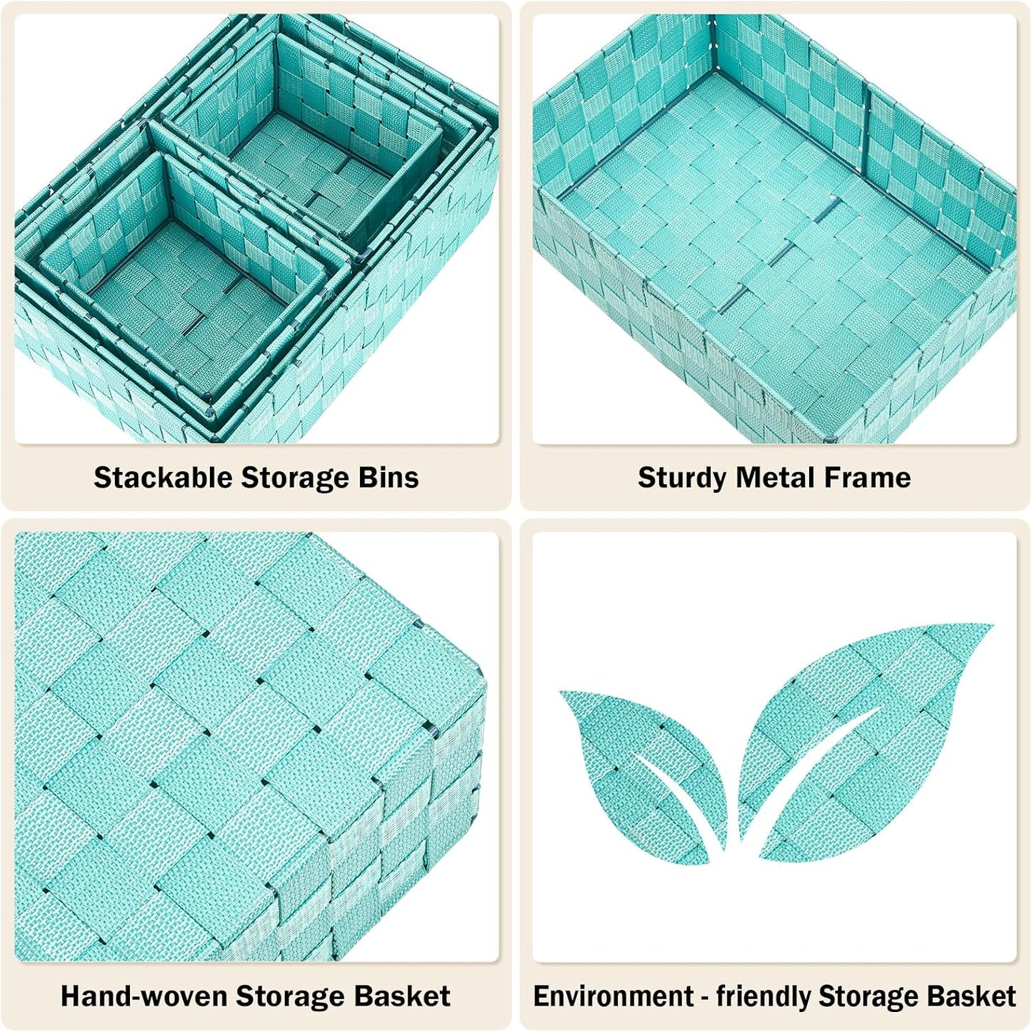 Storage Baskets: 6 Pack Stackable Woven Storage Bins, Aqua