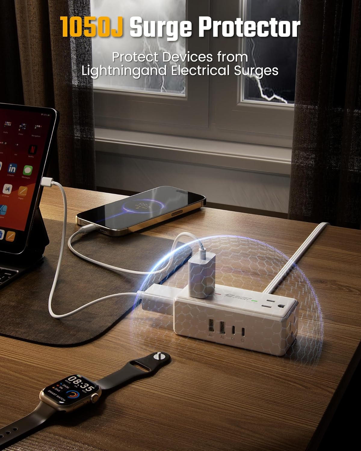 3Ft Extension Cord with Multiple Outlets, Flat Plug Surge Protector Power Strip Short Extension Cord 3 Ft, 4 Outlets & 4 USB Ports (2 USB C), Charging Station for Home Office, Dorm Room Essentials