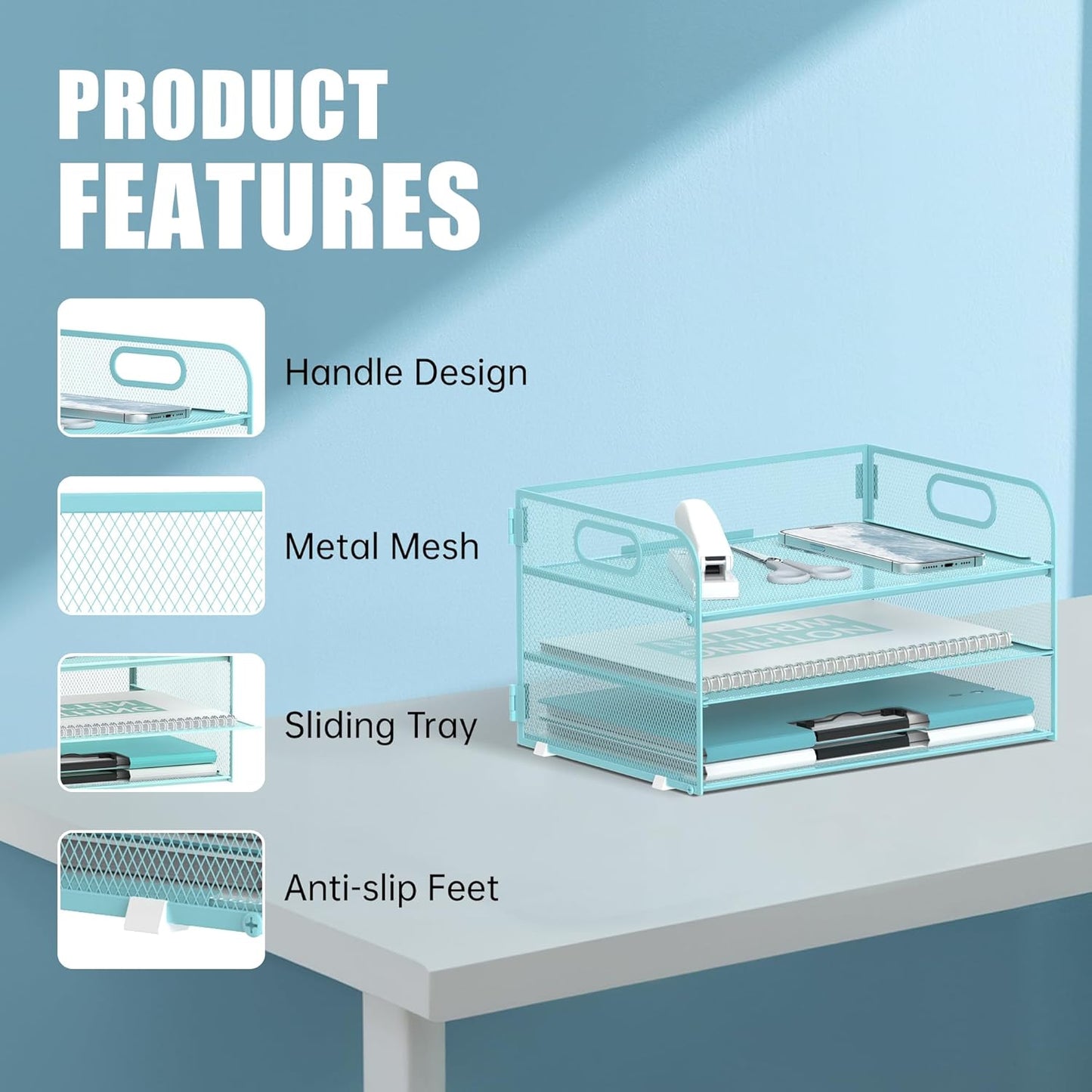 DALTACK 3 Tier Paper Organizer with Handle, Mesh Metal Desk Organizer with Sliding Paper Trays for Letter/A4 Paper, Mail, Bills & Folders, Blue