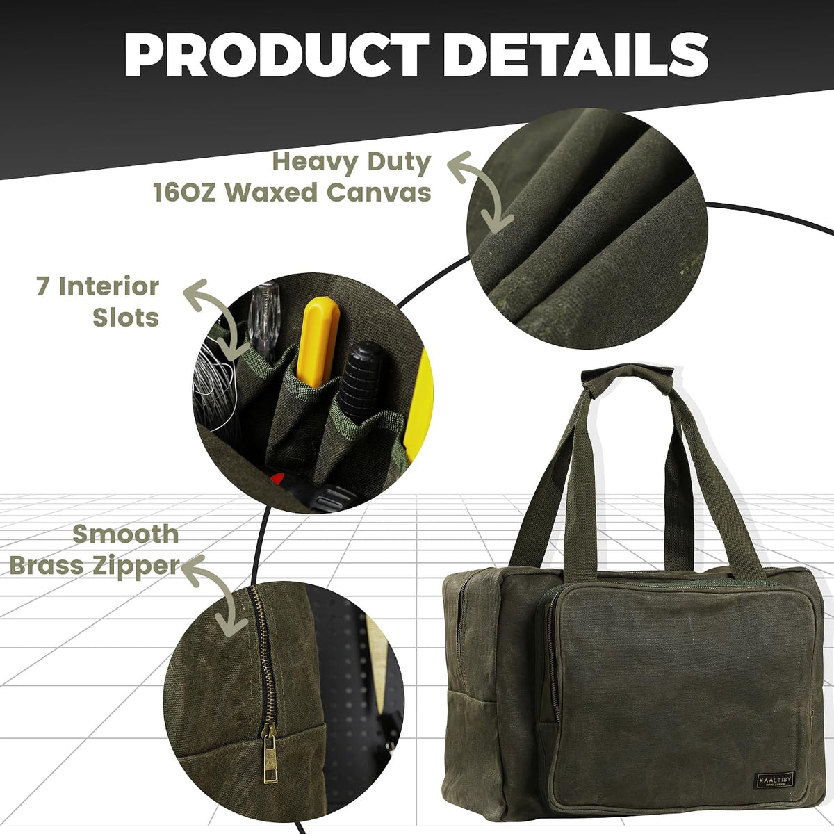 Tool Tote | Heavy Duty 16oz Waxed Canvas Tool Storage Bag - Portable 3 Pockets Tote Bag with Padded Handle& Metal Zipper, for Craftsman Gardener Carpenter Mechanic | 15.5"L x 7.5"W x 11.5"H