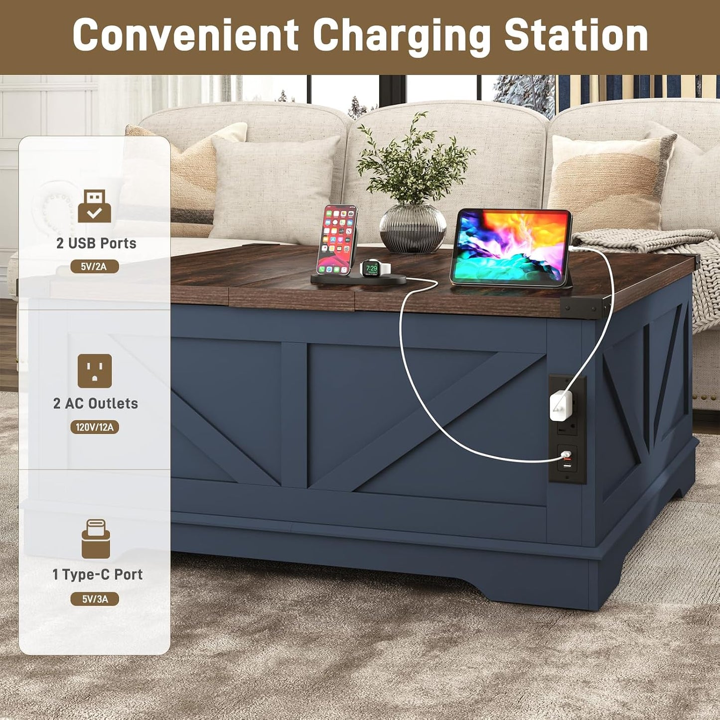 Hlivelood 40” Large Farmhouse Lift Top Coffee Table with Power Outlets and Large Hidden Storage, Square Wood Living Room Tables, Multi-Function Lift Wooden Barn Door Center Table, Blue