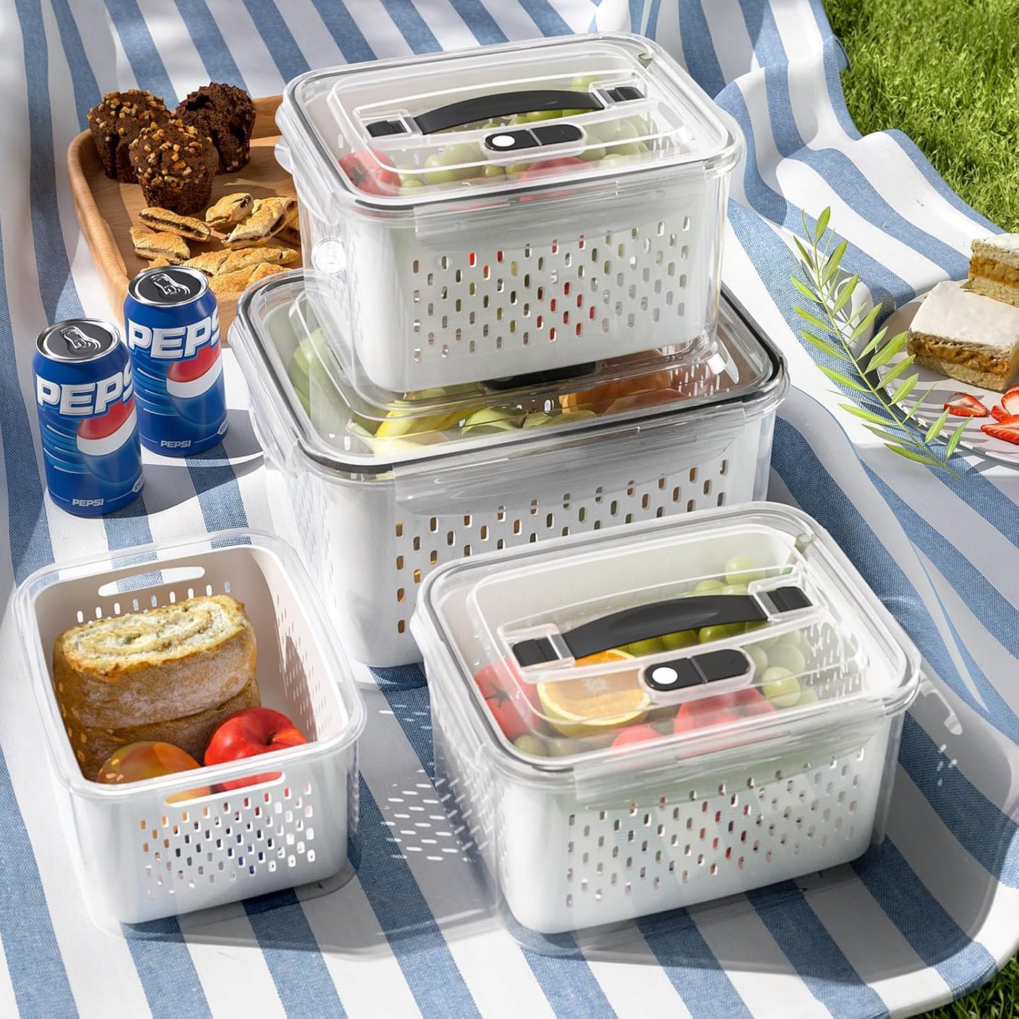 3Pack Fridge Food Storage Container Set with Lids with Strainer,Plastic Fresh Produce Saver Vegetable Fruit Meat Storage Organization, BPA-Free Plastic Produce Keepers(3.15L+1.7L+0.8L)