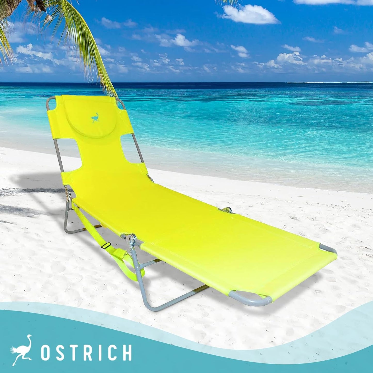 Ostrich the Original Chaise 72 x 22 Inch Lounge Portable Reclining Lounger, Outdoor Patio, Beach, Lawn, Camping, or Pool Tanning Chair, Lime Green