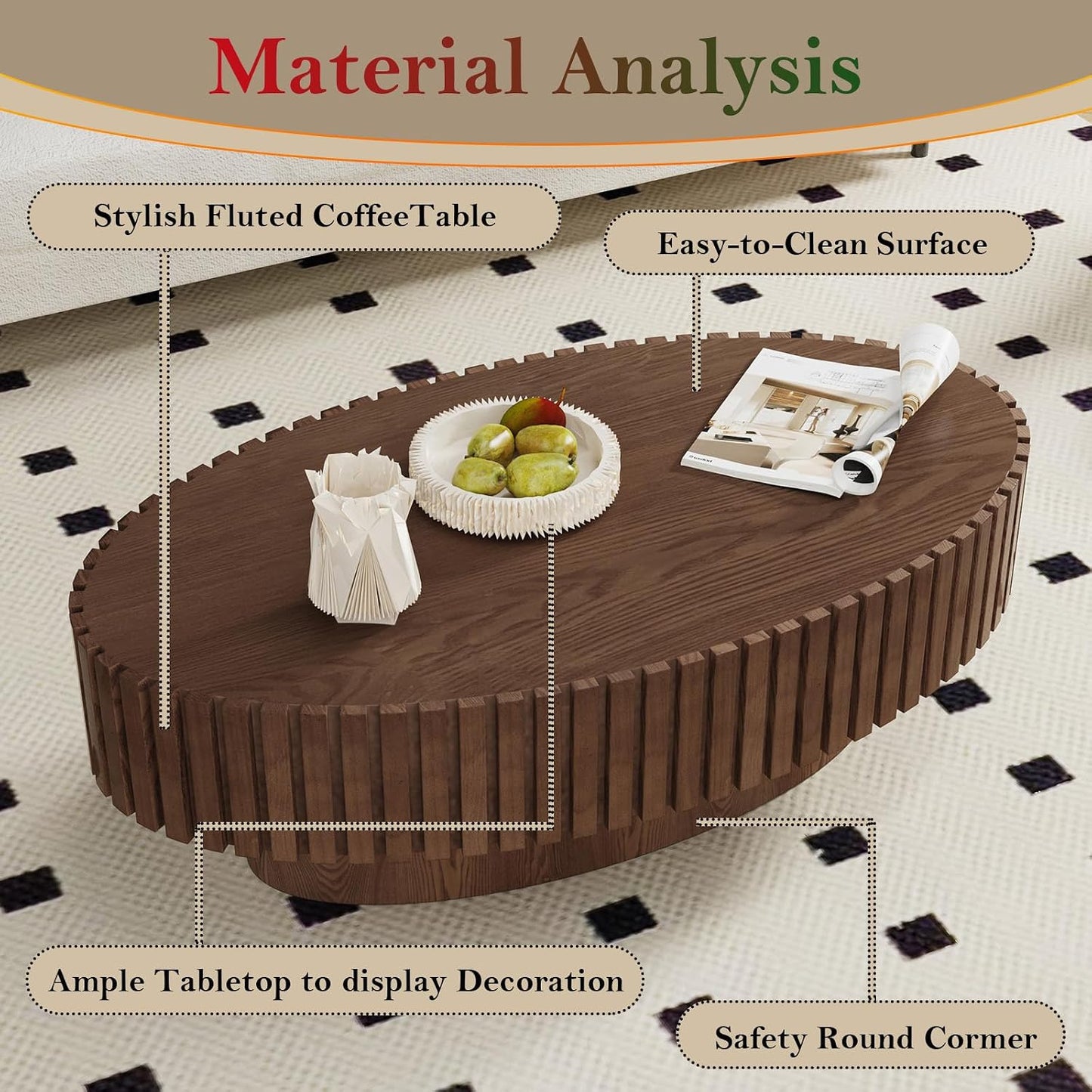 Handcraft Fluted Coffee Table with Sturdy Pedestal (Oval Walnut 43.3in) | 43.3" Oval Drum Center Tables | for Living Room Apartment Farmhouse | Easy to Assembly