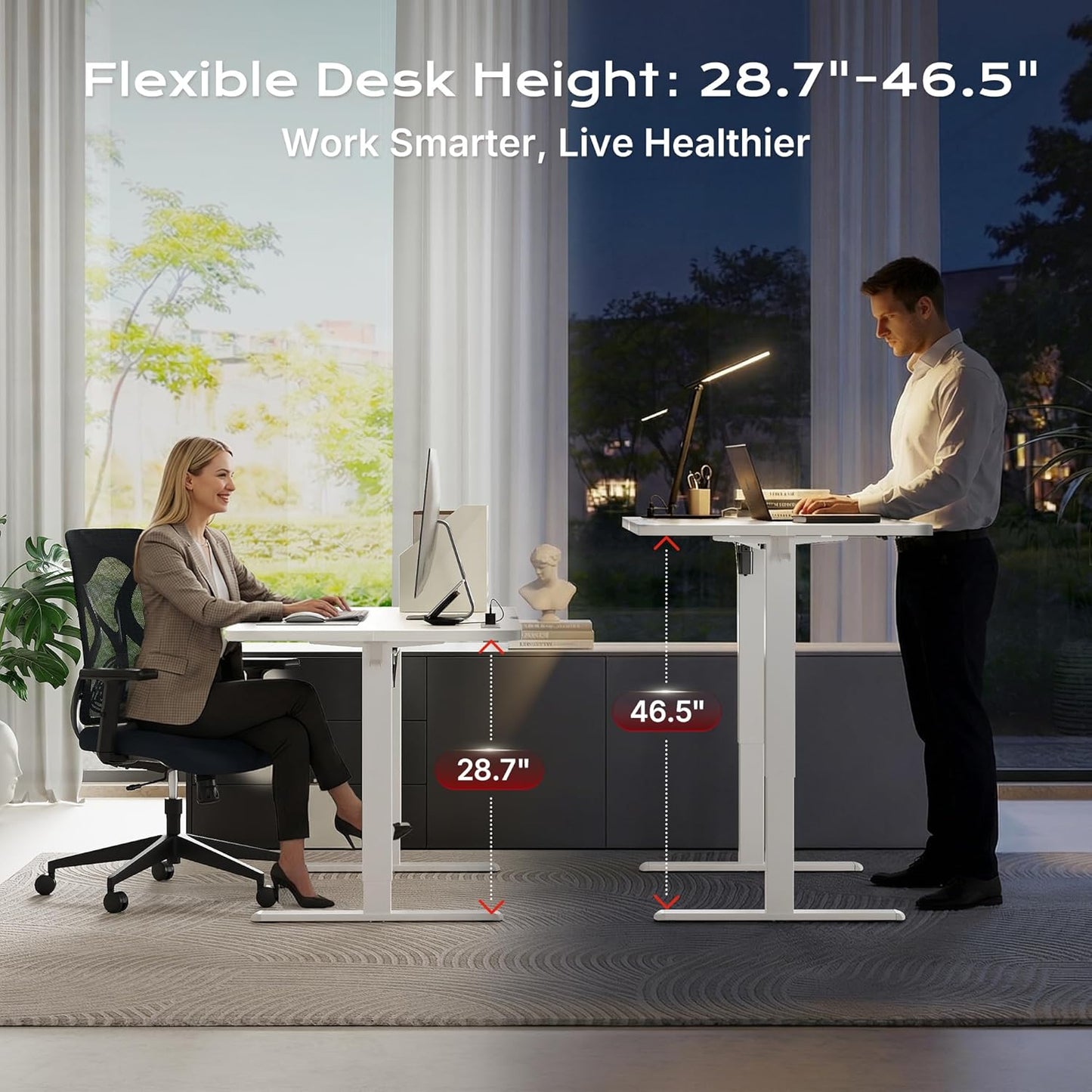 Huuger Electric Standing Desk with Power Outlets and USB-C Port, 47 X 24 Inch Height Adjustable Desk, Sit Stand Desk for Home Office, Computer & Gaming Desk with 4 Presets, Stable Steel Frame, White