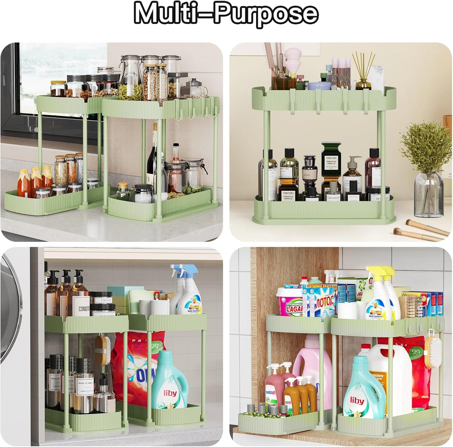 Ukeetap 2 Pack Multi-Purpose Pull-Out Storage Organizers, Under Sink Organizers and Storage for Bathroom & Kitchen, Under Cabinet Organizers and storage, 12.8 Inch, Green