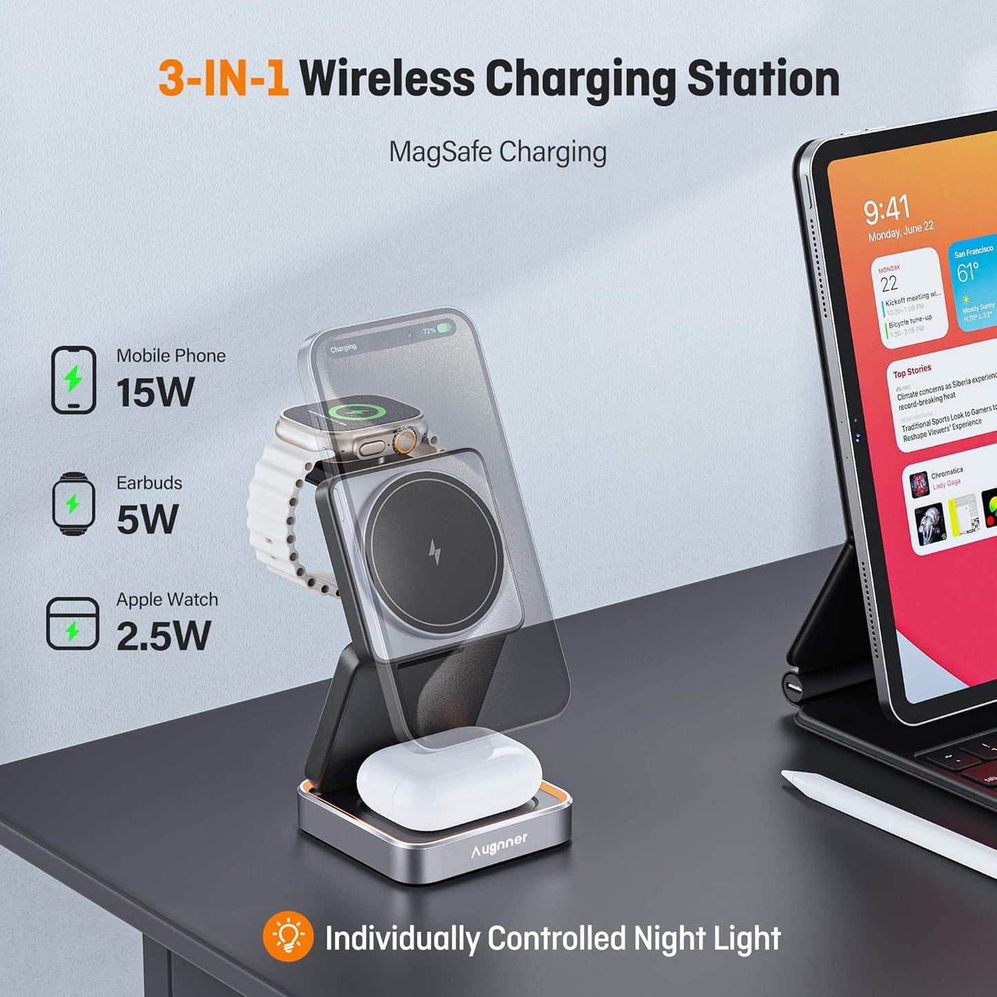 【2026 Upgraded】 Wireless Charger 3 in 1, Foldable Wireless Charging Station with Light for Apple Magnetic Charger, Travel Magnetic Charger Stand, Nightstand Fast 15W Charging Station (20W Adapter)