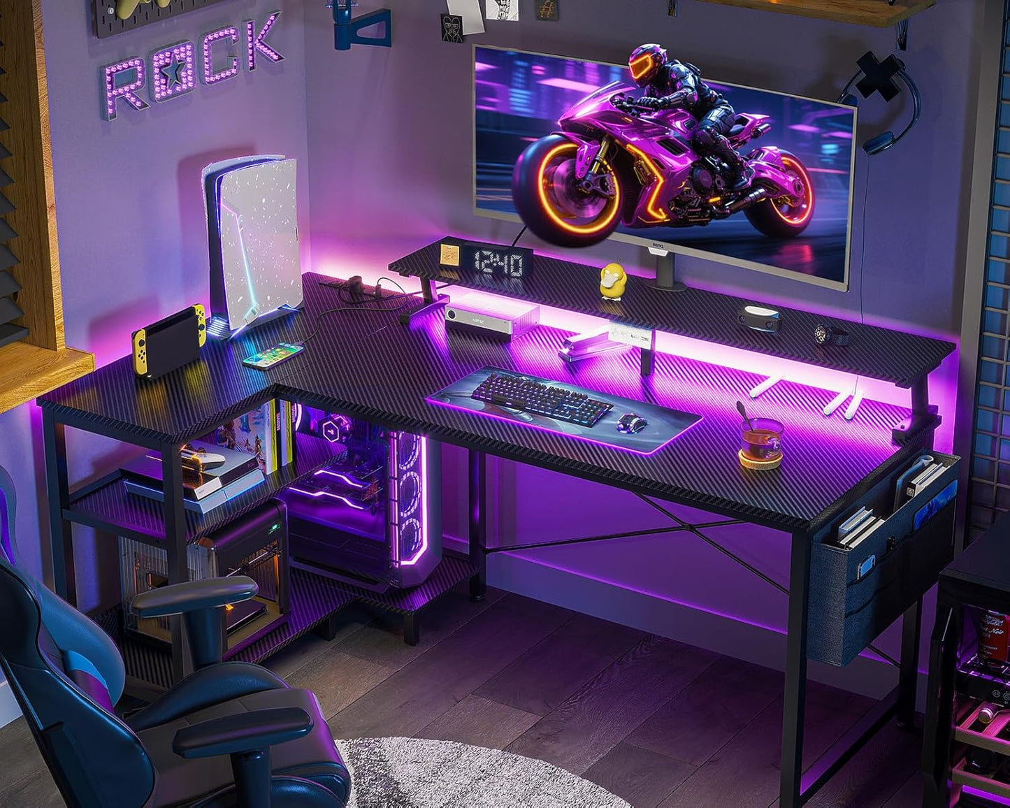 ODK 48 Inch Gaming Desk with USB Charging Ports and LED Lights, Reversible L Shaped Computer Desk with Storage Shelves & Monitor Stand, Corner Gamer Desk Table with Power Outlets, Black