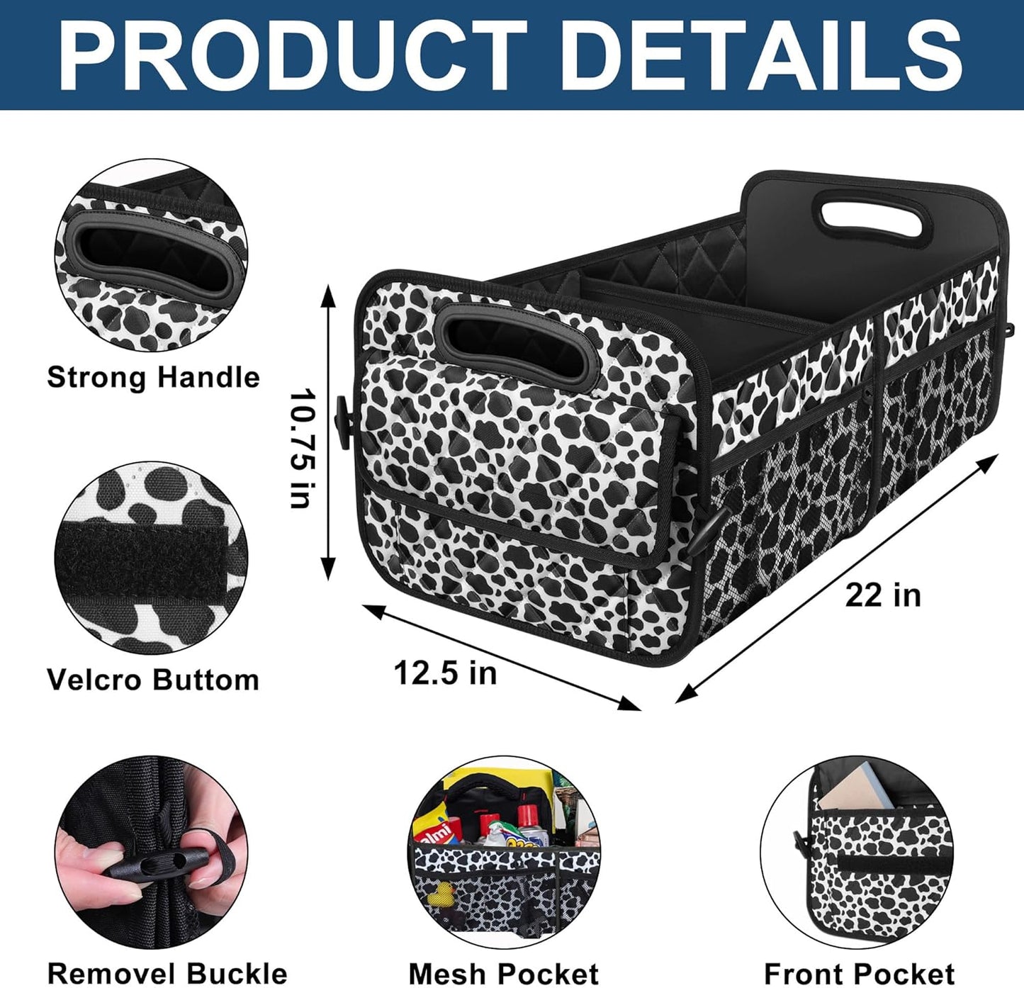 Deosk Trunk Organziers and Storage with Reinforced Handles,Car Accessories for Women/Men 50L Waterproof Polyester Trunk Organzier for Car/SUV/Minivan/Truck(Medium, Cow print)