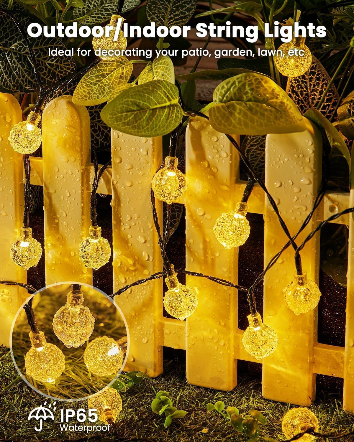 Brightown Solar String Lights Outdoor Waterproof, 2 Pack 60 LED 36.5 FT Each, Solar Powered Patio Lights with 8 Lighting Modes for Garden Yard Porch Wedding Party Decor (Warm White)