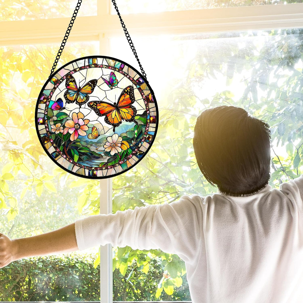 Butterflies and Flowers Stained Glass Window Hanging Suncatcher Gifts 12"