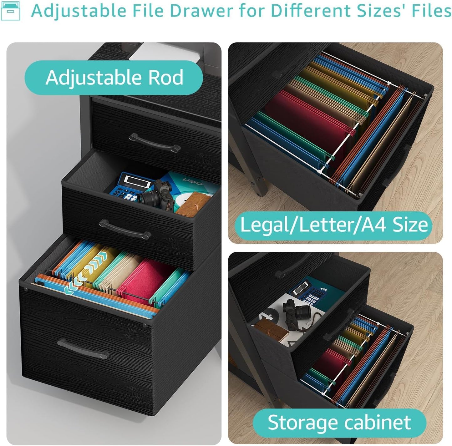 Lufeiya Computer Desk with Fabric File Drawers Cabinet, 55 Inch Reversible Home Office Desks with Filing Cabinet, Study Writing Table PC Desks with Storage for Bedroom, Black