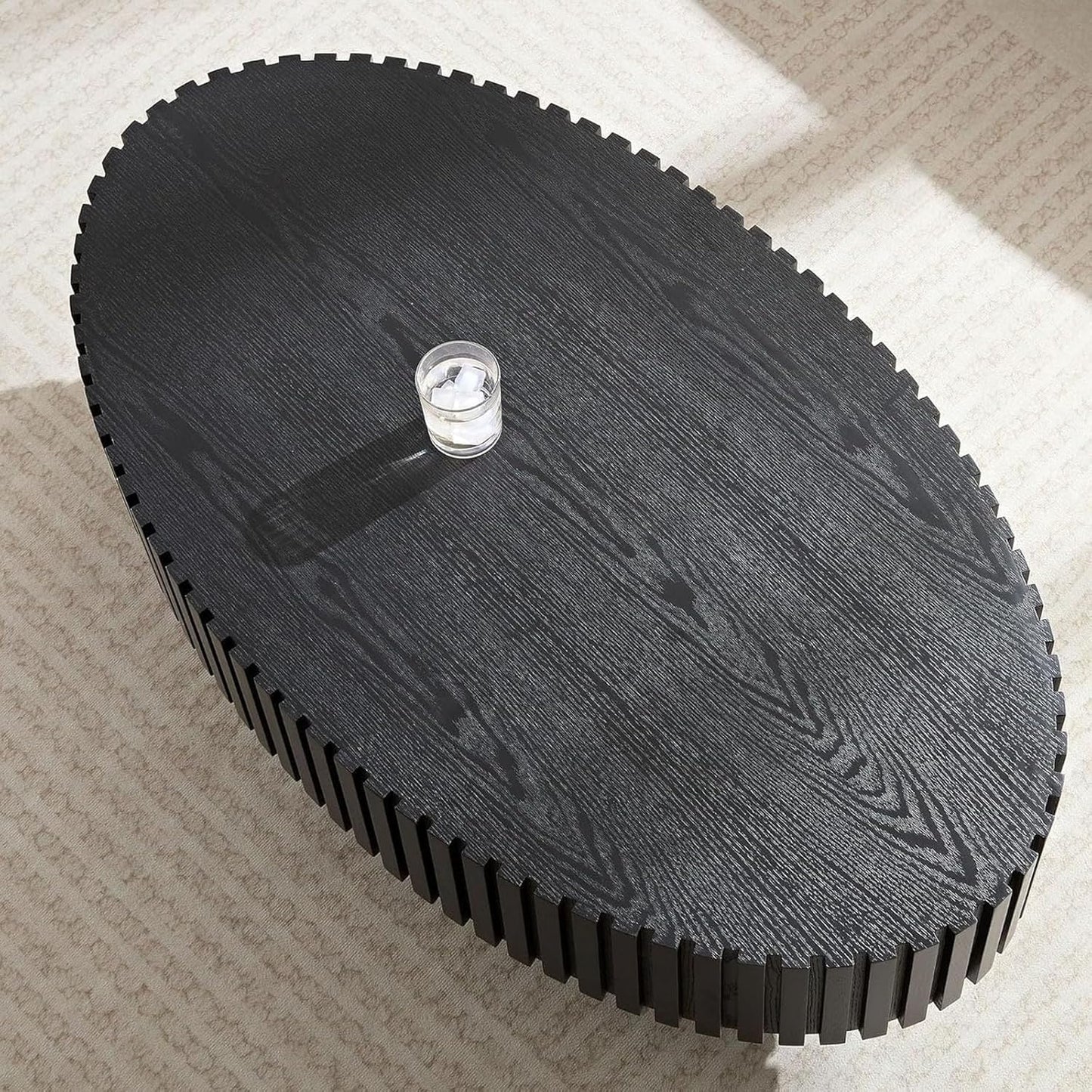 Handmade Oval Grooved Drum-Shaped Coffee Table (C Black 43in) | Rustic Modern Circular Centerpiece for Living Room & Farmhouse Decor, Easy to Clean