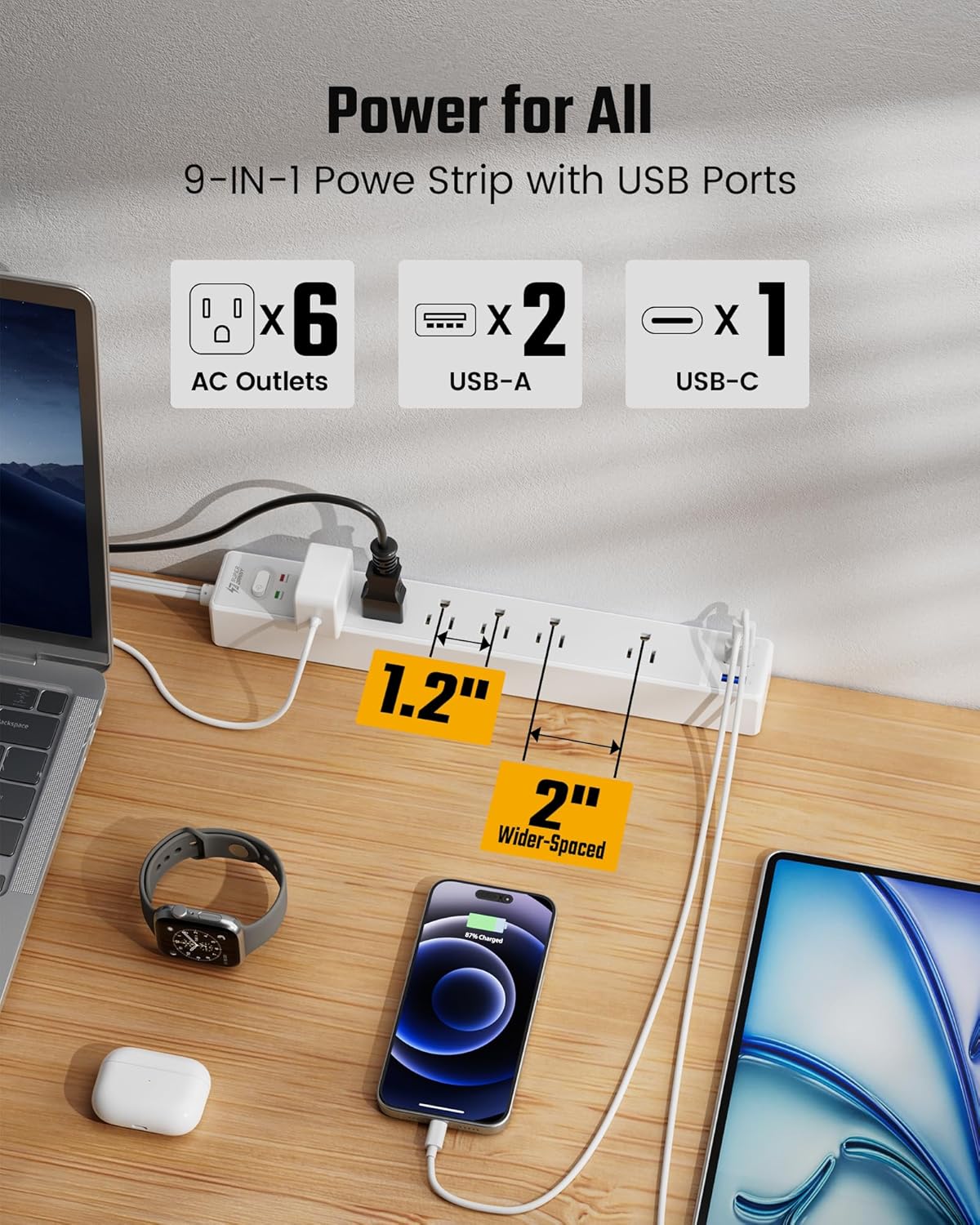 10Ft Extension Cord with Multiple Outlets, SUPERDANNY Flat Plug Surge Protector Power Strip 10 Ft Long Cord, 6 Outlets & 3 USB Ports, Charging Station for Home Office, College Dorm Room Essentials