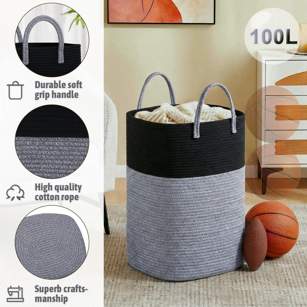 Laundry Basket,Woven Cotton Rope Laundry Hamper,Versatile Storage for Dirty Clothes,Baby Toys,and Blankets in Bathroom, Nursery,and Living Room (Black, 100L)