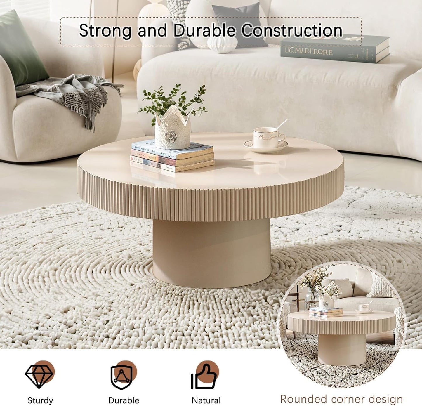 30.71" Round Drum Coffee Table,White | Modern Handcraft Fluted Accent Table, Sturdy Pedestal Circle, Luxury Center Table, For Living Room Home Office
