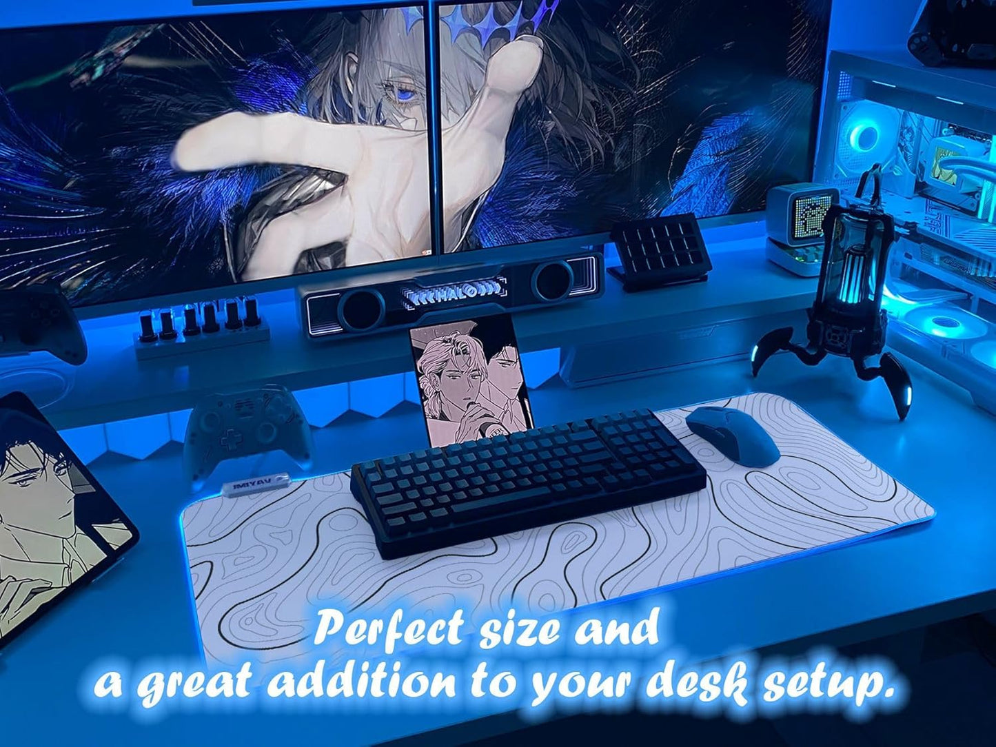 JMIYAV White Gaming Mouse Pad RGB Mousepad 31.5x12In Non-Slip Rubber Base Extra Large Cool XL XXL Computer Desk Pad Gaming Accessories Setup LED Light Up Big Mouse Pad for Gamer Topographic White