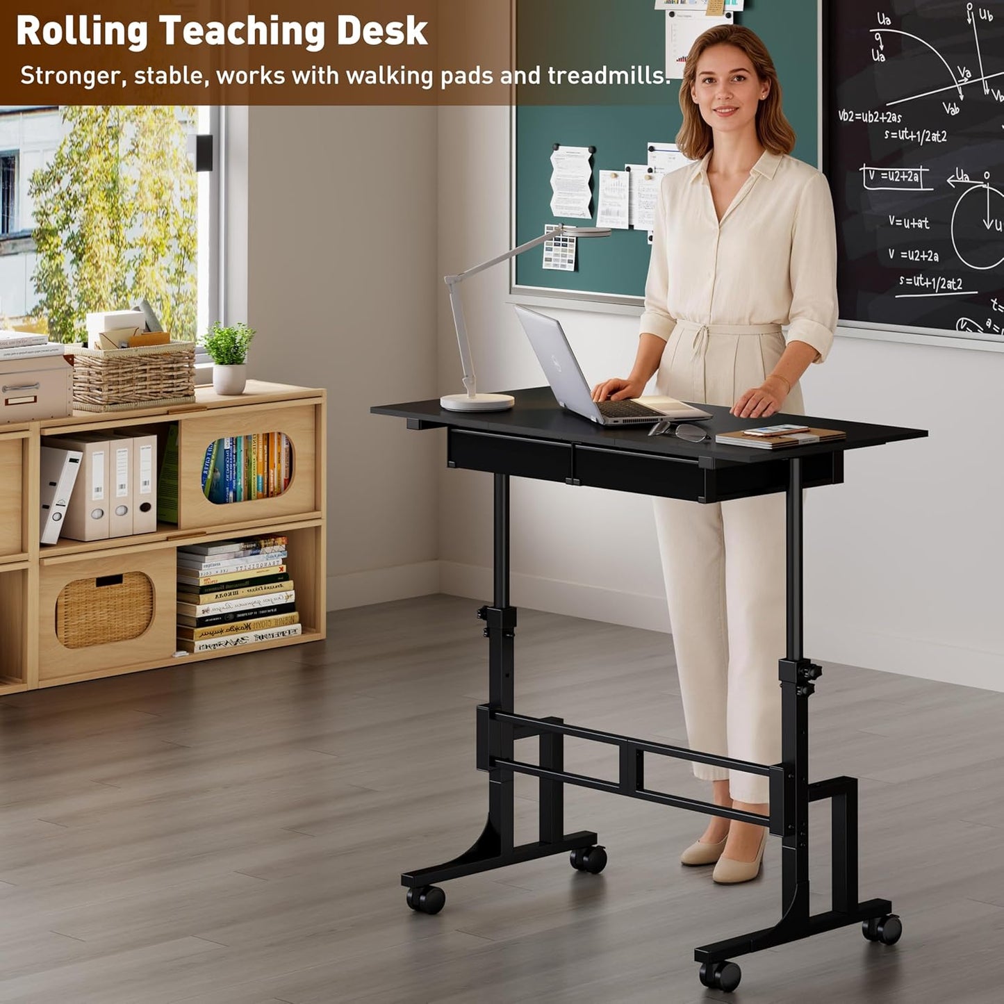 Jsskeeim Adjustable Standing Desk with Drawers, Rolling Sit Stand Desk with Wheels for Walking Pad, Small Mobile Computer Desk for Home Office, Portable Height Adjustable Desk 31.5"-43.3", Black