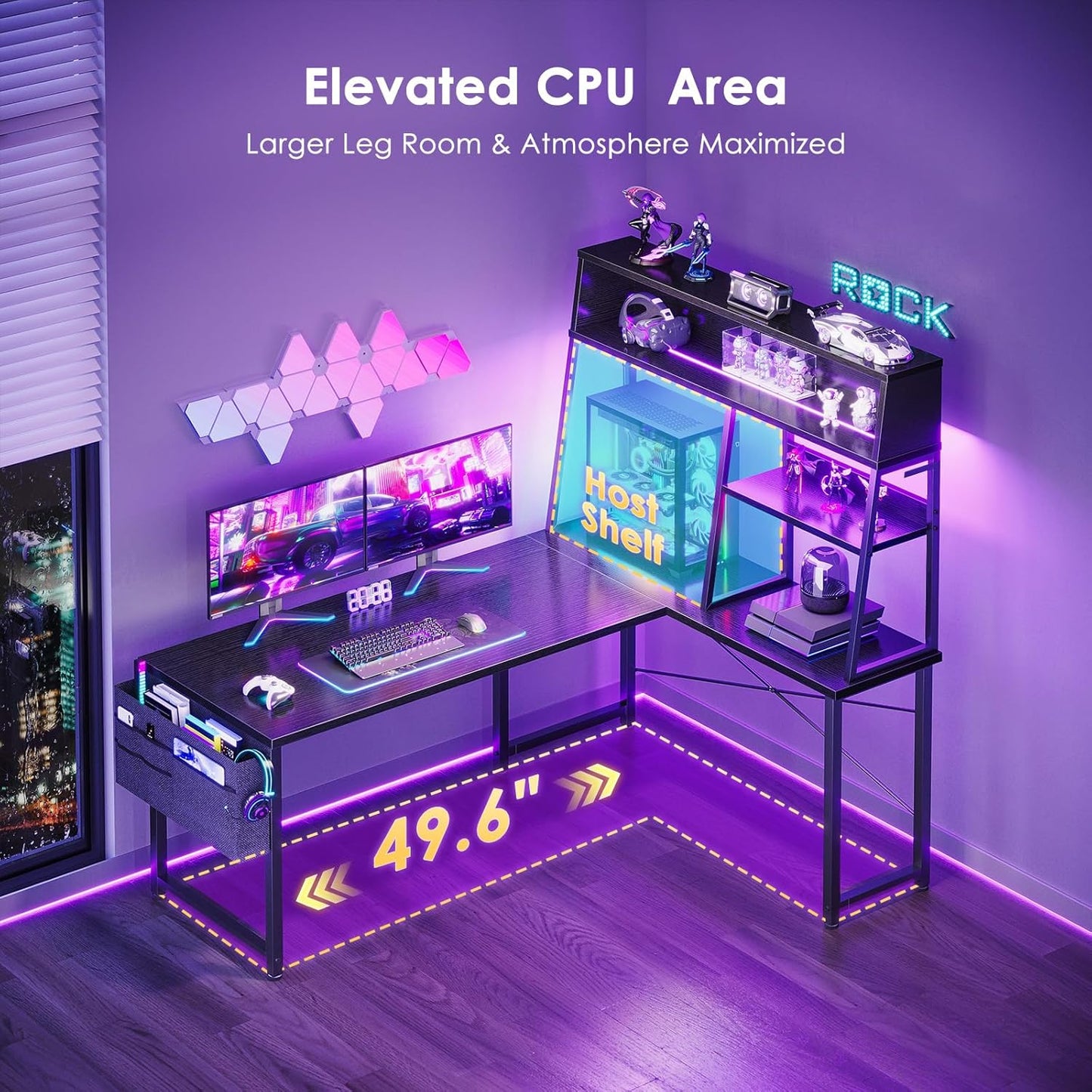 AODK L Shaped Gaming Desk with Led Lights, 51 Inch Reversible Gaming Computer Desk with Display Shelves, PC Gamer Desk Gamer Table with Storage Bag, L Desk for Game, Black
