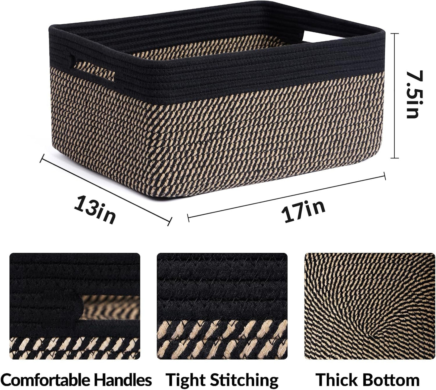 MiniArk Large Storage Baskets for Shelves, 17 x 13 x 7.5” Closet Organizers Bins for Clothes Blanket Towels, Baby Nursery, Toy Baskets Box, Woven Rope Baskets, 2 Packs Woven Brown