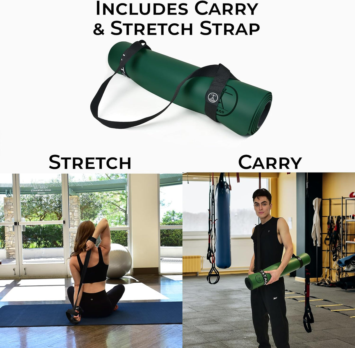 Tatago Hot Yoga Mat Non Slip-Professional Grade Natural Rubber Yoga Mat, Pliates Mat, Stretching Mat or exercise mats for home workout. Nonslip for Hot and Sweaty Classes. Includes Yoga Strap for Carrying and Stretching too.