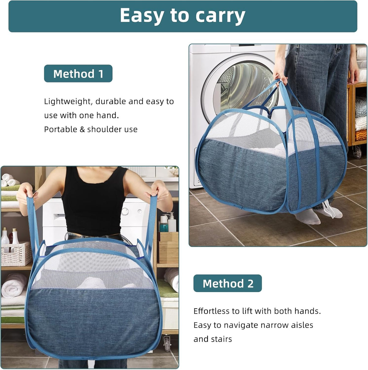 2 Pack Collapsible Laundry Baskets, 90L Large Foldable Laundry Basket, Pop Up Hampers for Laundry, Dirty Clothes Laundry Hamper for Bedroom, Bathroom, Dorm, Laundry Room, Travel or Camping Blue